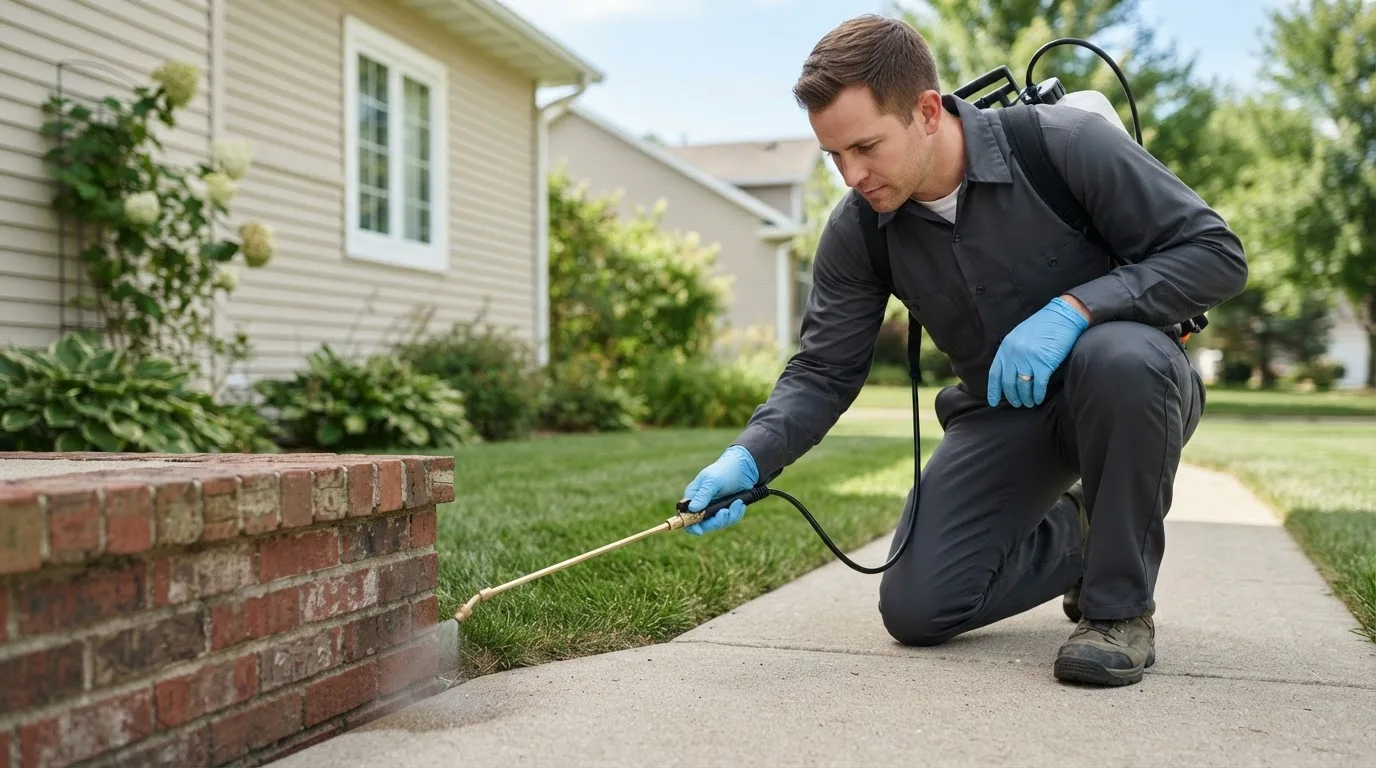 Pest control technician treating a home near Marcellus, MI