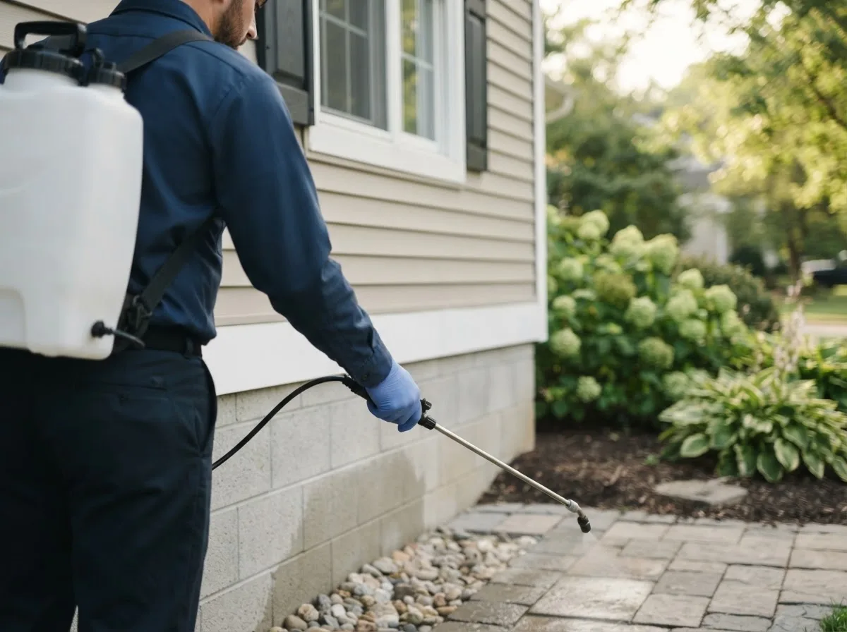 Pest control technician inspecting a home in Marcellus, MI